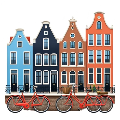 Cinematic Realistic Amsterdam Canal Houses Landmark Emoji, featuring narrow, gabled facades in vibrant colors reflecting on the calm canal waters, with bicycles lining the cobblestone streets. sticker
