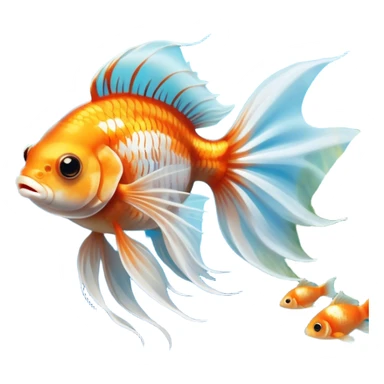 Large aquarium fish like veil tails and lionhead goldfish swimming gracefully in a beautifully decorated aquarium. Colorful aquatic plants, smooth rocks, and gentle bubbles surround the fish. The water shimmers in sunlight, creating a peaceful and vibrant underwater scene. Transparent background. sticker