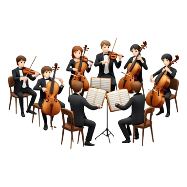 Icon for Classical Music: chamber orchestra with 4-5 musicians playing string instruments (violins, violas, cellos) and a conductor leading the ensemble. The intimate, refined atmosphere. Transparent background. sticker