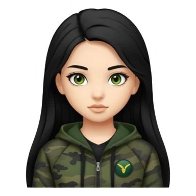 cute teenage girl, cute black trendy athletic clothes, light tan skin, very dark camo green eyes, long black hair, very long eyelashes sticker