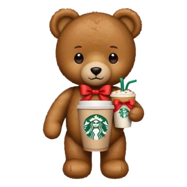 smooth texture teddy bear with red ribbon and starbucks coffee sticker
