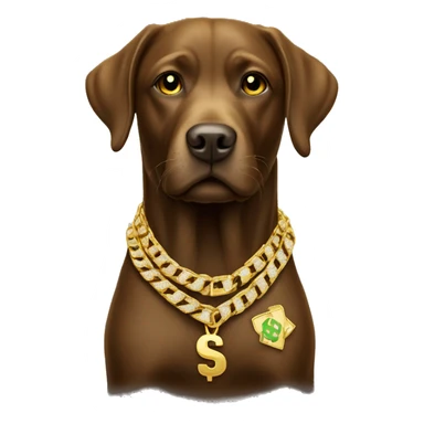 brown labrador with a golden thick necklace like a rapper with a dollar sign in gold iced out with diamonds sticker