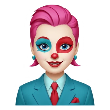 Pink slicked-back hair.

White face paint with blue eyebrows and eye makeup.

Big red nose and wide smile with red lipstick.

Wearing a teal suit with a yellow shirt and red buttons. sticker