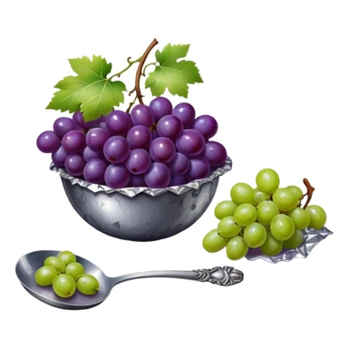 Renaissance painting of purple grapes and green grapes on the right, and a burnt spoon with tin foil and a lighter next to it on the left  sticker