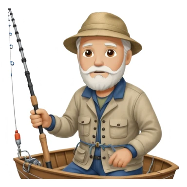 an old white haired, bearded man in fisherman attire, sat in a big boat on a calm sea, holding one fishing rod in one hand, with the end of the fishing line touching the water sticker