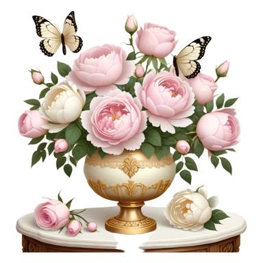 A romantic vintage still life featuring a bouquet of soft pink roses and lush white peonies in an ornate gold-trimmed ivory vase, with delicate pearl butterflies resting on the petals, set on a lace-covered wooden table. sticker
