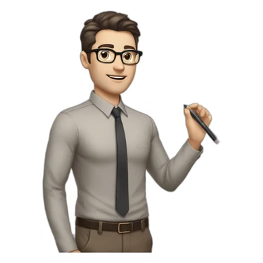 Pale skinned fit man with dark brown hair in gray jacket, beige office shirt, brown tie, brown pants and vintage glasses Writing on the marker board sticker