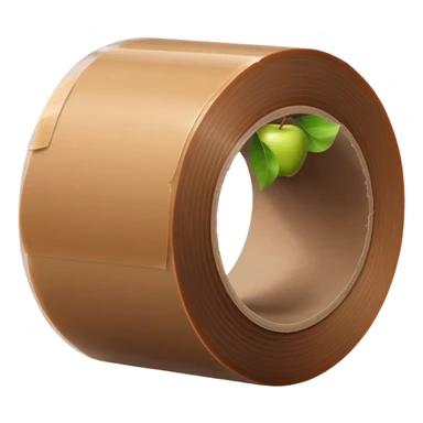 wide roll of brown packing tape with glossy semi-transparent surface and thick cardboard core, one end slightly peeled back, angled for depth, no box or dispenser, apple emoji style, soft lighting, subtle shadows, emoji scale sticker