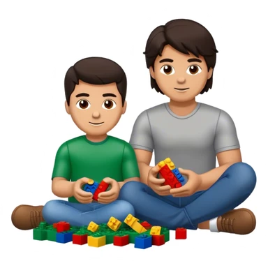 Handsome young man with dark hair built a little heavy like a football player sits with his young fiancé was cascading dark brown hair, putting together Legos sticker