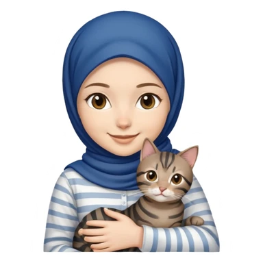 White girl wearing dark blue hijab with white shirt smiling while holding a black grey brown stripes tabby cat sticker