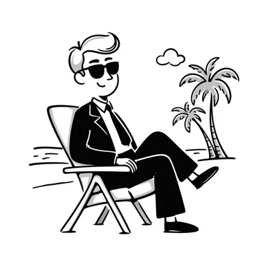 blonde businessman in formal suit sitting in a beach chair on a tropical vacation, relaxing sticker