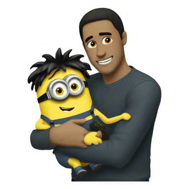 white male, brown eyes, black hair hugging and holding a minion with green eyes sticker