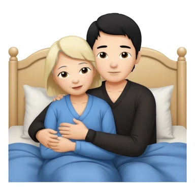 Sexy large breasted elderly asian woman in a low cut top and with black hair hugs her blonde haired boy in bed sticker