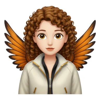 nude woman short curly brown mullet brown eyes white skin beetle wing jacket open front sticker
