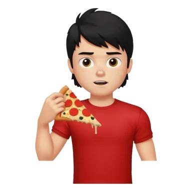 generate a pretty fair bratz boy with a messy mullet (black hair), wearing a red tshirt. eating pizza. He has big biceps sticker