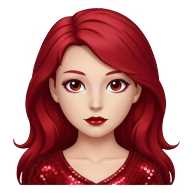 Chappell Roan (b.1998) with long dark red hair, red sequin outfit, makeup sticker