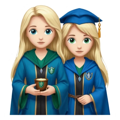 hot Slytherin girl with long blonde hair, blue eyes and big boobs standing with a pretty ravenclaw girl with long brown hair and blue eyes sticker