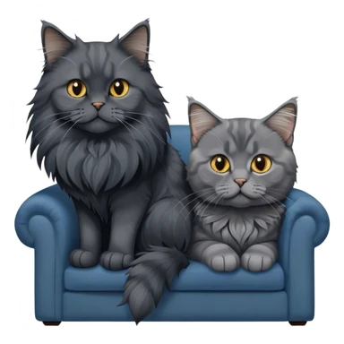 Portrait of a black smoke Maine Coon cat with long grey ear tufts, alongside a British Shorthair cat with a solid blue coat on sofa. Both cats with detailed fur textures and playful expressions. Soft, elegant background of room with warm, natural tones. Transparent background. sticker