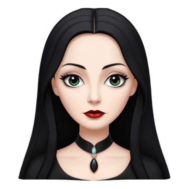 Create a realistic portrait of Morticia Addams with long black hair, elegant black dress & sharp gaze. sticker