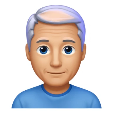 Middle aged man with tanned skin, receding black to grey hair and no beard, blue eyes, shy smile sticker