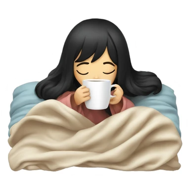 Asian girl inside a blanket sipping coffee eyes closed black hair sticker