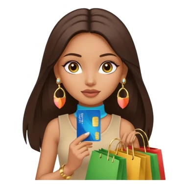 a pretty bratz fair indian girl wearing a beige sleeveless turtleneck, golden earrings, straight ling hair, holding bank cards, dark brown hair, carrying shopping bags sticker