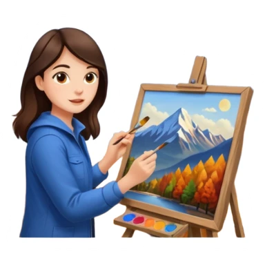 Brunette Artist painting a beautiful autumn mountain peak destination on canvas sticker