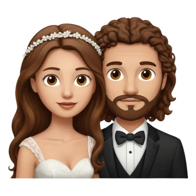wedding couple woman with long straight brown hair and eyes man with long brown curly hair and facial hair sticker
