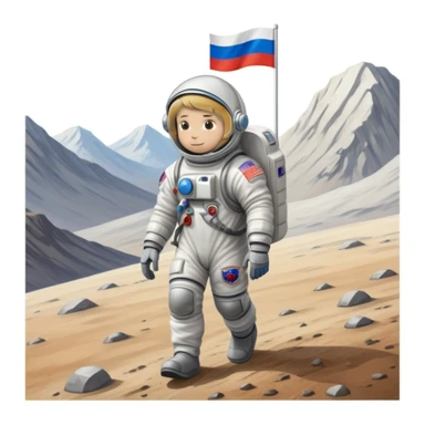 Cosmonaut walking on a planet surface, wearing a spacesuit with Russian flag, light hair and light skin visible through helmet sticker
