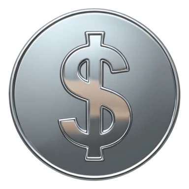 A double dollar sign emoji made of polished silver chrome, smooth metallic surface, glossy reflections, luxury swag vibe, minimal iOS emoji style, centered on white background sticker