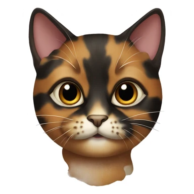 tortoiseshell cat with mostly black face, some red and white belly and chin sticker