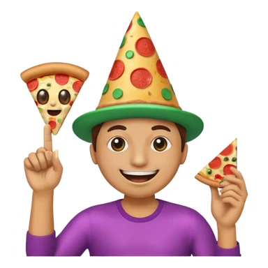 funny emoji called 'party Overload': laughing face with disco ball eyes, tilted party hat, making a finger gun with one hand, holding pizza in the other sticker