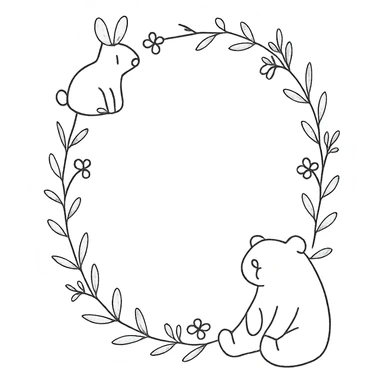 cozy hand-drawn Mori style pastel background with soft watercolor texture, cute botanical wreath of leaves and tiny flowers, soft pastel colors, clean minimal design, a soft brown bear sitting at the bottom right, a light beige bunny sitting at the top left, high resolution, planner cover, A4 vertical ratio sticker