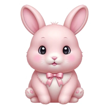Cinematic adorable pastel pink bunny, chubby cheeks, tiny paws, sparkling round eyes, soft fur with a gentle glow, slightly tilted head, wearing a tiny bow, irresistibly cute and heartwarming. sticker