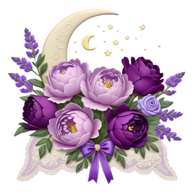 A vintage bouquet of lavender-hued peonies, deep violet roses, and soft lilac pansies, tied together with a silk ribbon in shades of plum and amethyst, rests beneath the glow of a crescent moon. Scattered around are tiny embroidered hearts on a delicate lace handkerchief, while the scent of dried lavender lingers in the cool evening air. sticker
