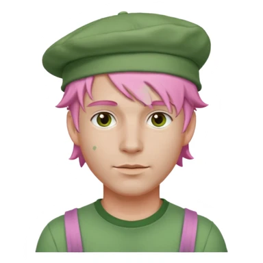 pink haired man with full full face green clay mask and a hat sticker