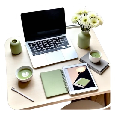 seeing a working from home desk from above with a macbook computer, fashion/interior magazines, flowers in a little vase, louis poulsen portable lamp with a dimmed cozy light and a iced matcha. very scandinavian aesthetic sticker