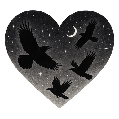  heart with white night sky and dark ravens, remove background sticker