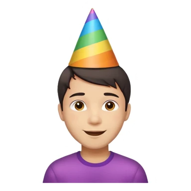 Young man, short hair, rainbow birthday party hat, cheerful expression sticker