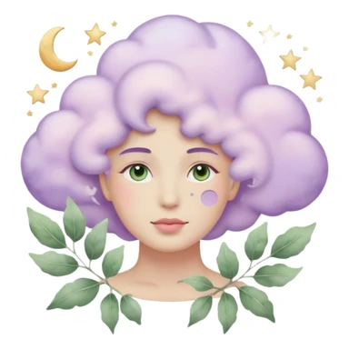 watercolor-style emoji of a human head silhouette with “AI” inside a lilac cloud, connected to a soft circuit shape. gentle pastel palette (sage green, blush, lilac), surrounded by leaves, moon, and stars — poetic and calm aesthetic. sticker