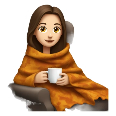 Brunette white girl covered in blanket autumn vibe sitting on a cozy chair holding coffee,  sticker
