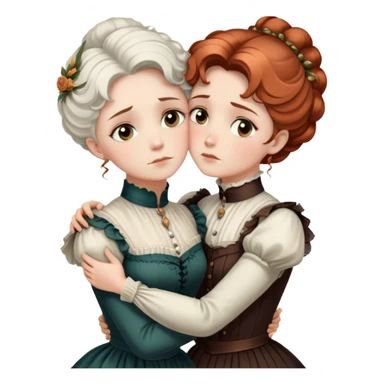 Two Victorian women with light eyes in a sad intimate hug, one with white coiffed hair and one with copper coiffed hair, wearing Victorian high-neck dresses, embracing tightly sticker