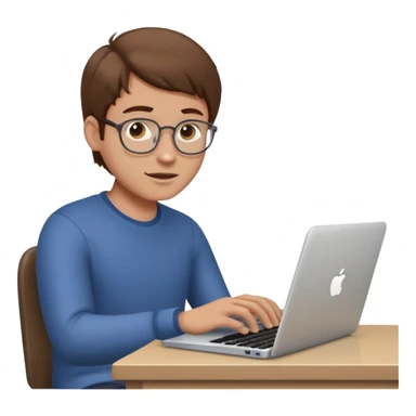 memoji of a man with a laptop in front, apple-style,modern,brown hair light skin ton and natural emotion, working looking on his laptop sticker