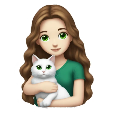 White girl with long brown hair blue eyes snuggling fluffy white cat with green eyes sticker
