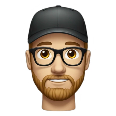 White man with brown hair and a brown beard, has thick eyebrows is wearing black sight glasses. Big nose. Small brown eyes. Wearing a Nike cap. Serious expression sticker