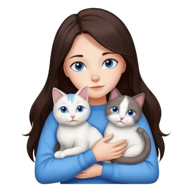a girl with long dark 
brown hair, with blue eyes, in a
white sweater, hugs 3 different natural coloured cats sticker