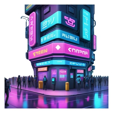 Cyberpunk street corner with neon blinking signage and holographic advertisements sticker