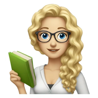 Woman teacher blonde long curly hair glasses blue eyes with book sticker