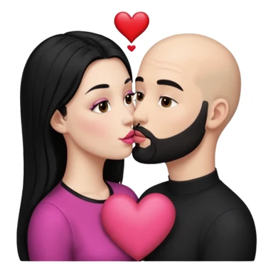 👩🏻‍❤️‍💋‍👨🏻 this one but the man should be bald. white woman with long black hair and white bald young man whoitiut hair and a heart between their heads. she has pink lips and both have brown eyes. he has e full beard but short. both wear black. they kiss slowly sticker