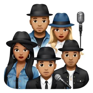 Icon for R&B Music: collage of R&B artists—Victoria Monét, Summer Walker, Usher, Chris Brown, and Muni Long. Each represented by a silhouette or symbolic item like a microphone, fedora, or music notes, reflecting the soul and energy of R&B. Transparent background. sticker